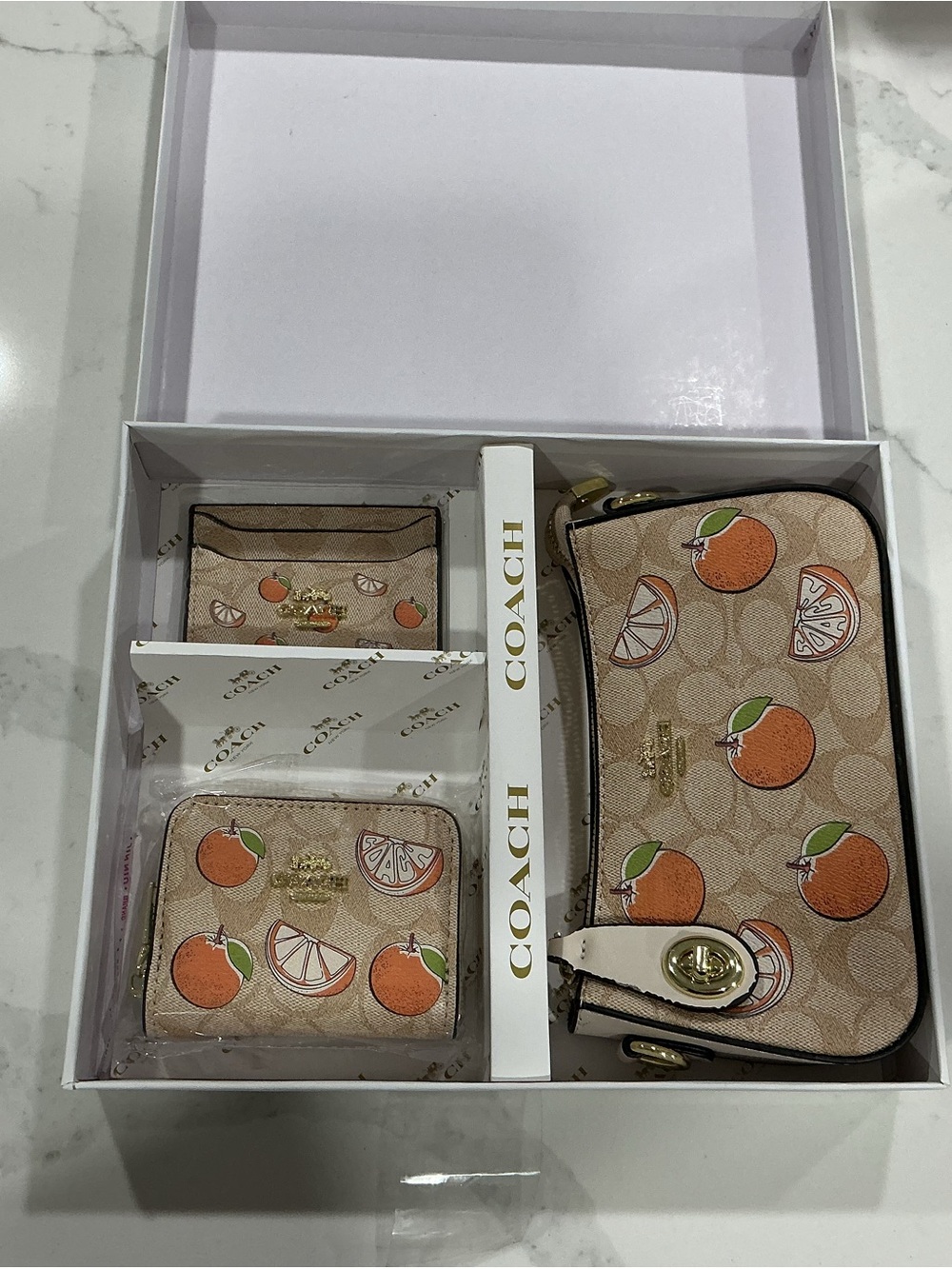 COACH Beige Signature Canvas Orange Print Wallet, Card Case & Wristlet Set